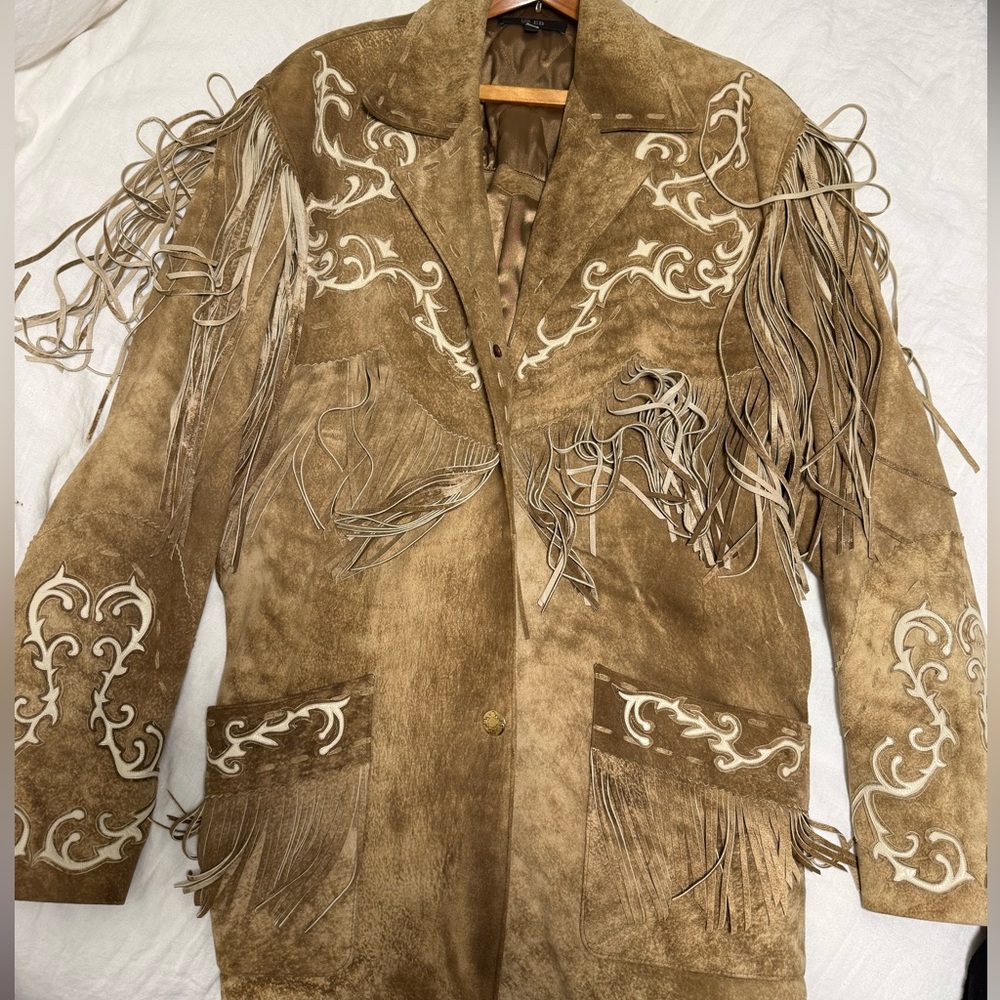 Pristine Men's Tan Suede Fringe Jacket with appliqué